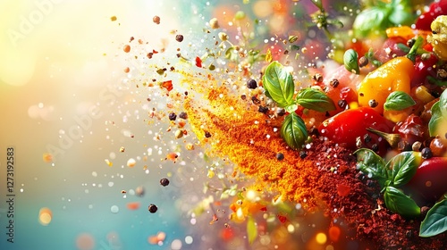 Culinary Crossroads Flavors, Vibrant Burst of Spices and Herbs with Colorful Vegetables