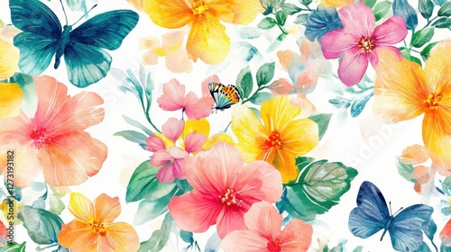 Seamless watercolor flower rainbow design. Rainbows, butterflies, and adorable, vibrant spring flowers on a white backdrop. the hues yellow, coral, green, and blue. fanciful floral pattern. wallpaper