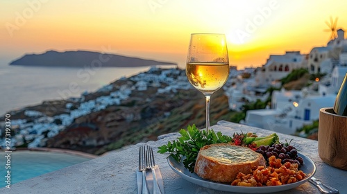Sunset dining in Santorini with a gourmet meal and wine overlooking the sea