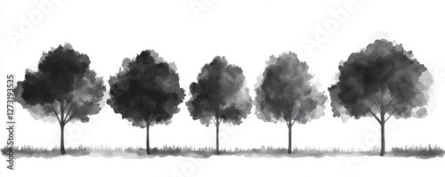 Five grayscale watercolor trees on a white background.