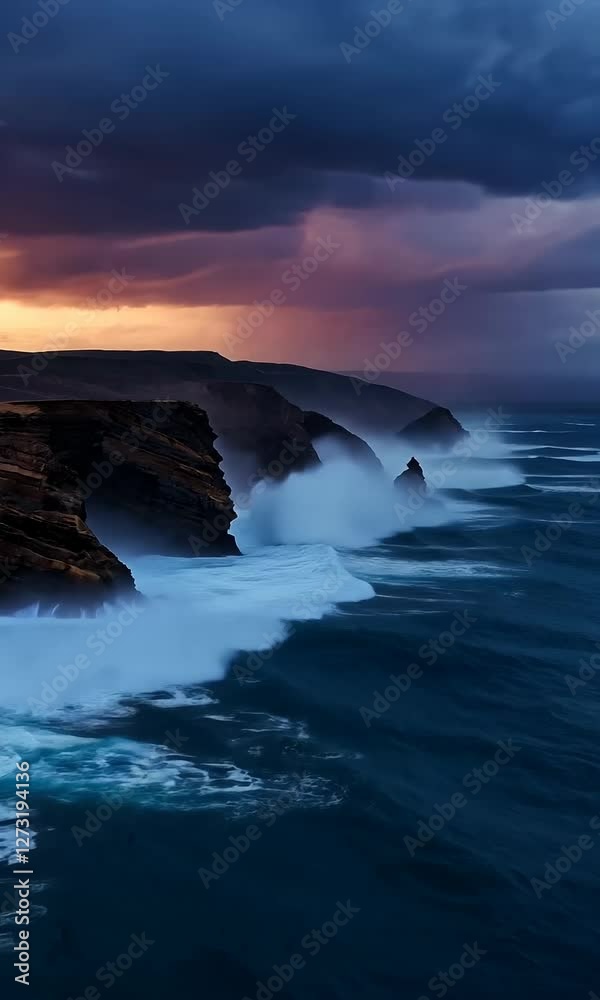 Dramatic Ocean Storm with Lightning and Powerful Waves Crashing Against Cliffs at Dusk - Coastline, Landscape, Seascape, Vertical Dramatic Ocean Storm with Lightning and Powerful Waves Crashing Against Cliffs at Dusk - Coastline, Landscape, Seascape, Vertical