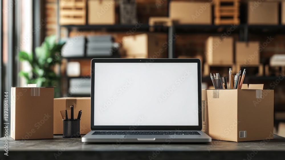 Online ecommerce store mockup, dropshipping business website concept. Table with laptop computer mock up blank white screen, shipping boxes, retail marketplace, warehouse delivery background, banner. Online ecommerce store mockup, dropshipping business website concept. Table with laptop computer mock up blank white screen, shipping boxes, retail marketplace, warehouse delivery background, banner.