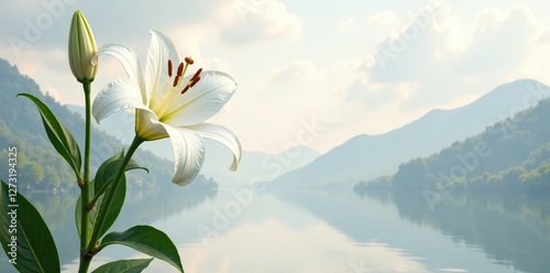 White lily isolated on a black background with a slight gradient, gradual shift, serene landscape