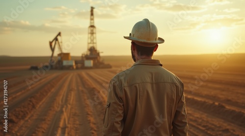 Worker Observing Oil Drilling Operation at Sunset in a Remote Field