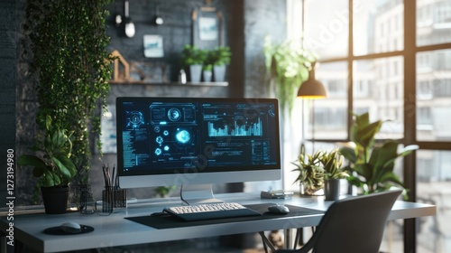 Wallpaper Mural Modern Workspace with Futuristic Tech Interface on Desktop Computer Screen Torontodigital.ca