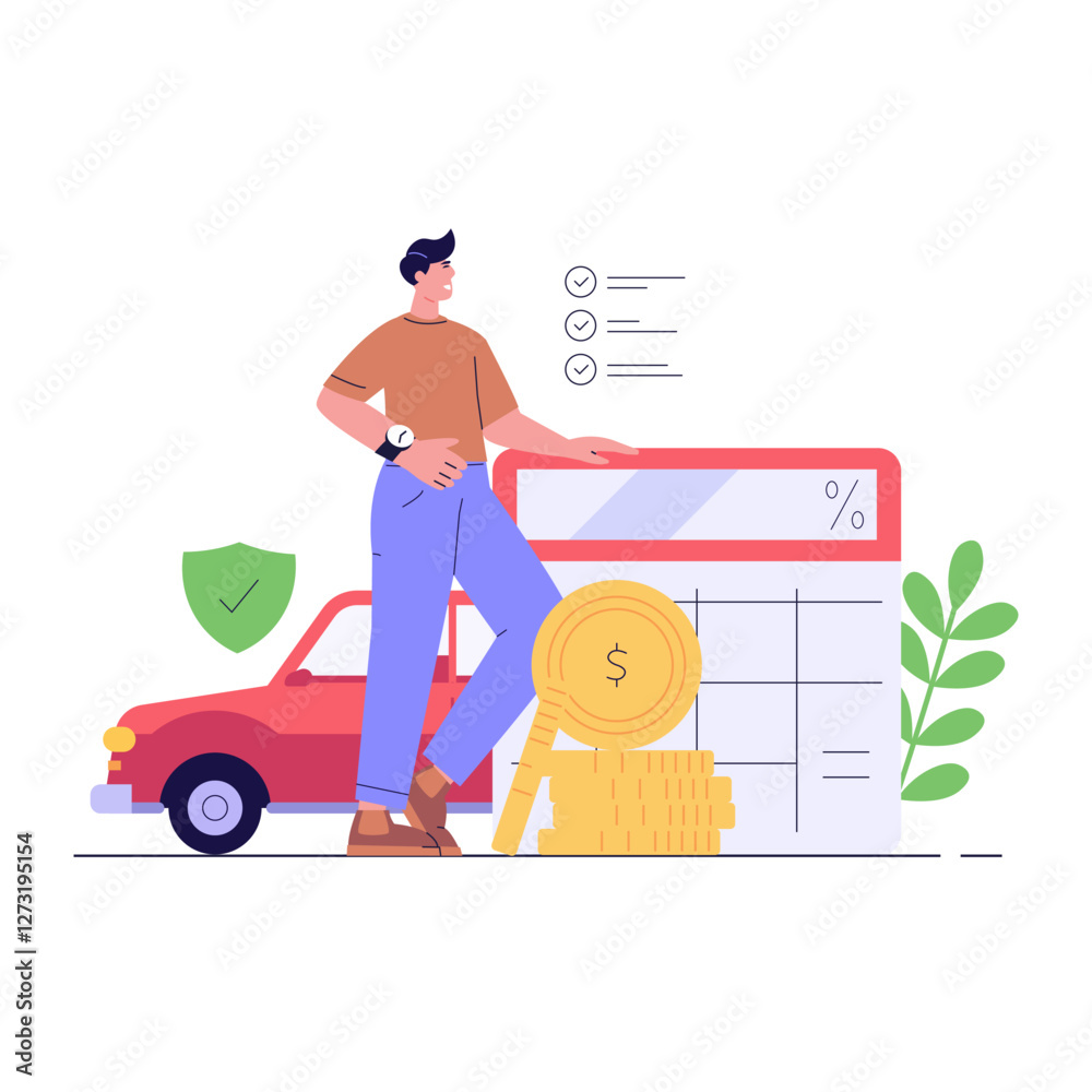 Naklejka premium Car Insurance Vector illustration. Man Buying Car Insurance and Geting Money with Calculator. Concept of Car Insurance Services, Protection Property, Road Accident for Landing Page and Web Design