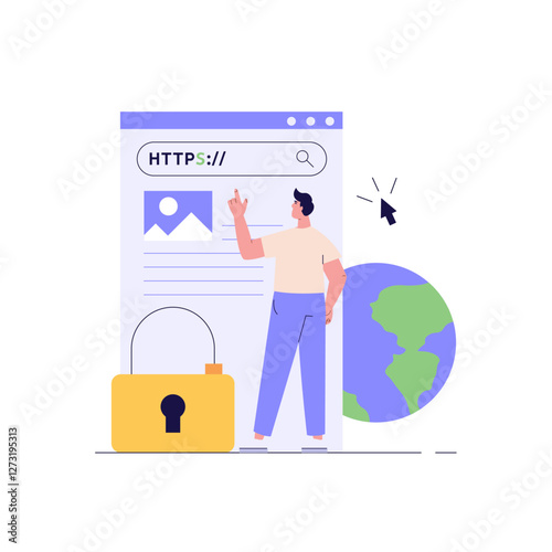 Using browser with https protocol illustration. Man searching website address with security. Concept of web protection, ssl certificate for web Design, UI, banners