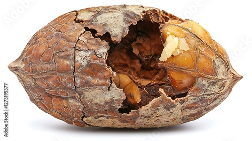 A tightly cropped view of a cracked walnut revealing its intricate interior, isolated on a white background, diffused lighting emphasizing its rich natural textures, earthy and detailed composition photo