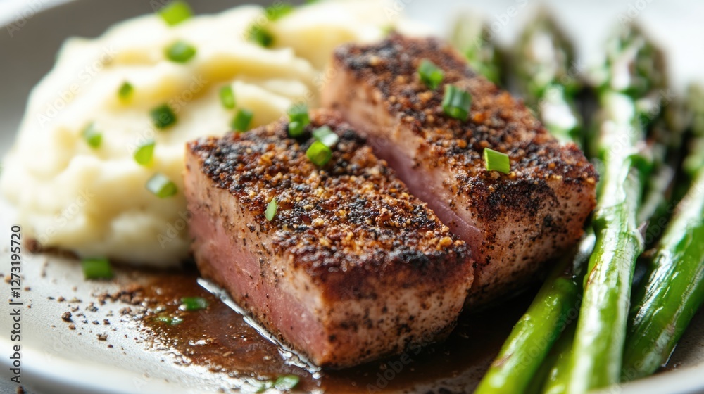 Seared Tuna Steak with Mashed Potatoes and Asparagus Seared Tuna Steak with Mashed Potatoes and Asparagus