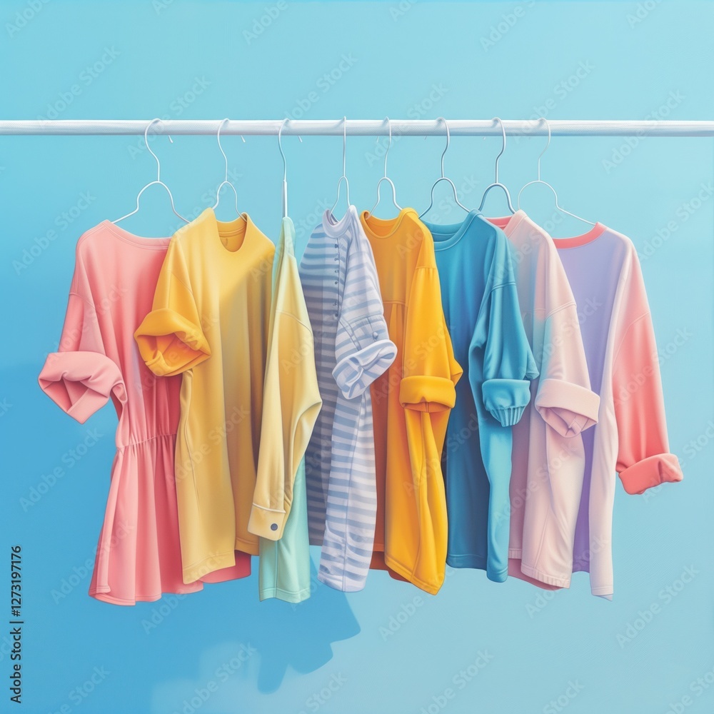 Fototapeta premium Clothes Hung on Rack in Pastel Colors with Blue Background Representing Wardrobe and Style