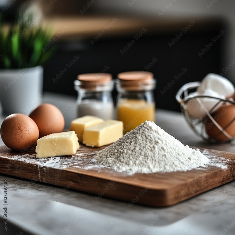 Baking Ingredients: Flour, Butter, and Eggs Ready for Baking Baking Ingredients: Flour, Butter, and Eggs Ready for Baking