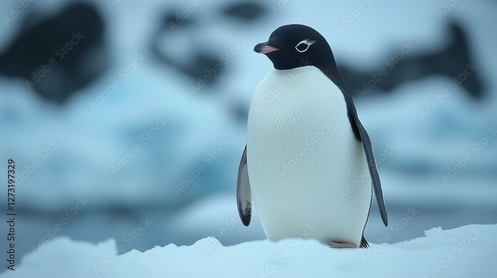 Obraz premium Adventurous penguin on iceberg antarctic region wildlife photography icy environment close-up view nature conservation concept