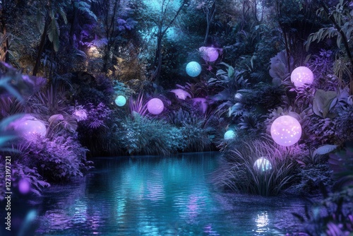 Fototapete mystical bioluminescent jungle with floating light orbs crystal clear reflection