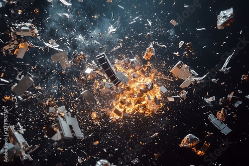 A dramatic and dynamic scene of a spaceship exploding in space, with debris flying out in all directions, set against a dark background
