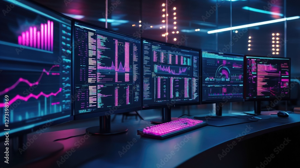 Neon-lit Data Center: Charts and Codes on Multiple Monitors Neon-lit Data Center: Charts and Codes on Multiple Monitors