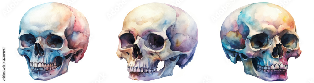 Obraz premium Watercolor skull illustrations, colorful artistic style, anatomical design, educational purposes, creative art display.
