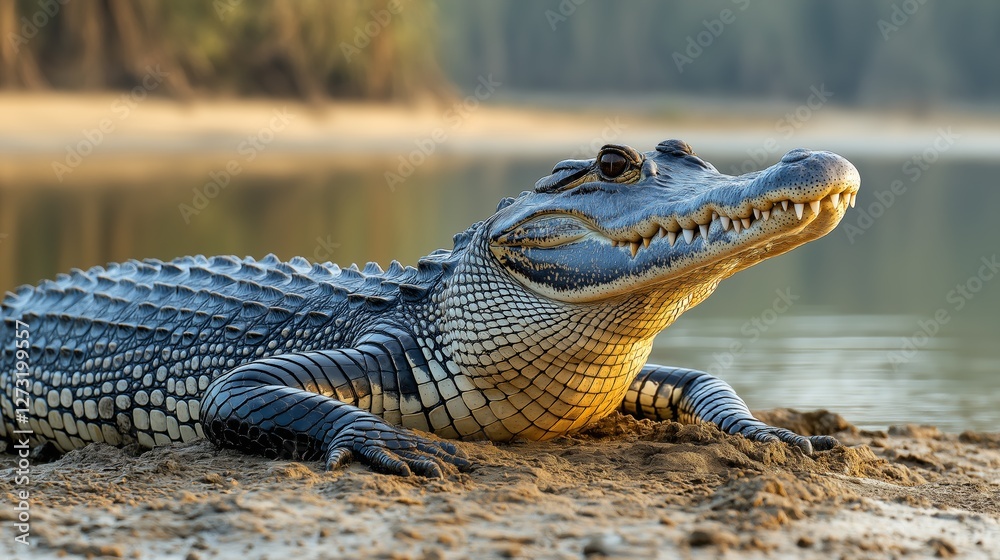 Crocodile sunbathing on the riverbank tropical habitat wildlife photography natural environment close-up view reptile behavior Crocodile sunbathing on the riverbank tropical habitat wildlife photography natural environment close-up view reptile behavior