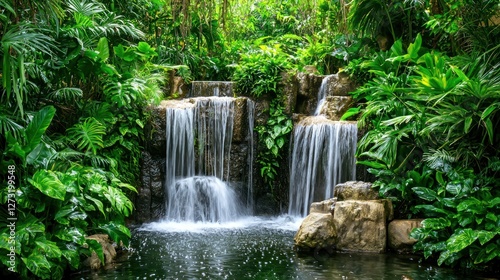 A jungle waterfall surrounded by dense green plants and vines