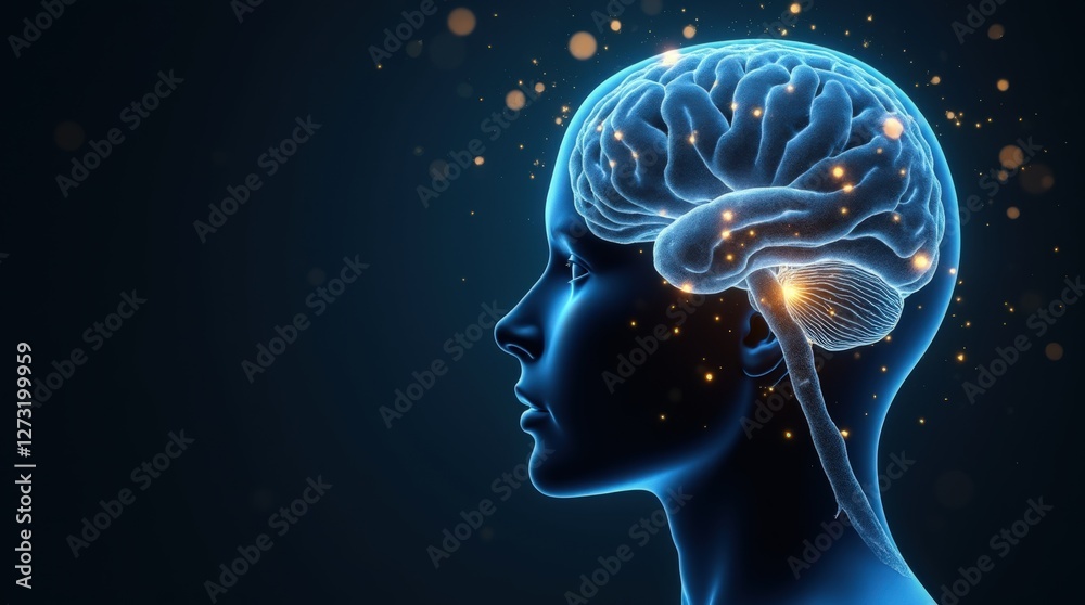 Obraz premium Human Brain Illustration With Glowing Elements Showcasing Cognitive Functions and Connections