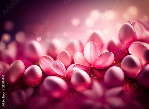 Soft pink flowers and egg shapes are softly scattered across a dreamy, blurred background filled with bokeh lights, creating a gentle and romantic ambiance. photo