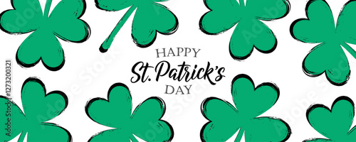 Happy St. Patrick's Day festive banner. Hand lettering and brush stroke clovers. Graphic template for Saint Patricks Day holiday greetings and invitations. Vector illustration.