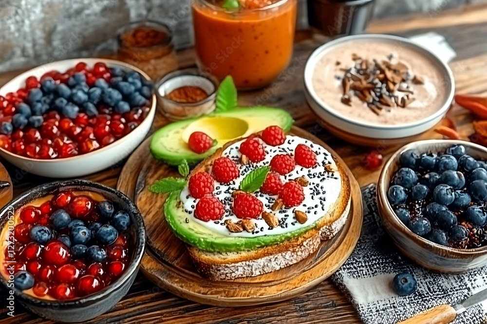 A delightful and healthy breakfast featuring avocado toast with raspberries and various berry bowls A delightful and healthy breakfast featuring avocado toast with raspberries and various berry bowls