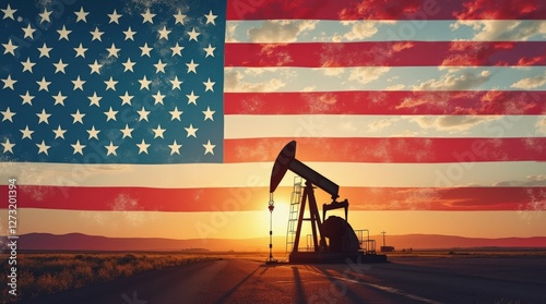 Sunset Oil Pump Against a Backdrop of the American Flag in a Vast Landscape