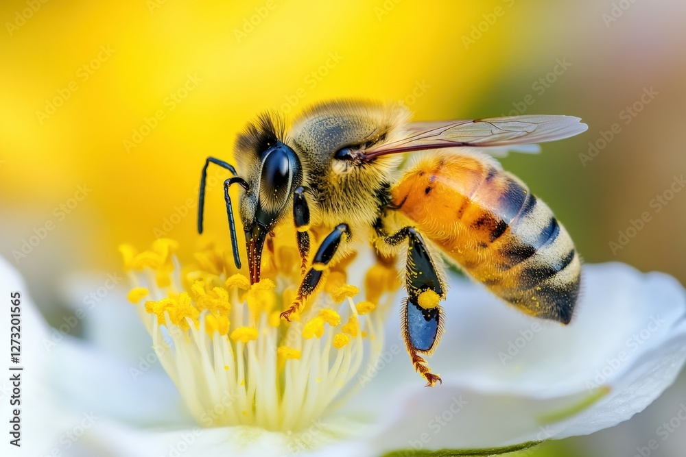 Close up view of honeybee gathering nectar from bright flower. Generative AI Close up view of honeybee gathering nectar from bright flower. Generative AI