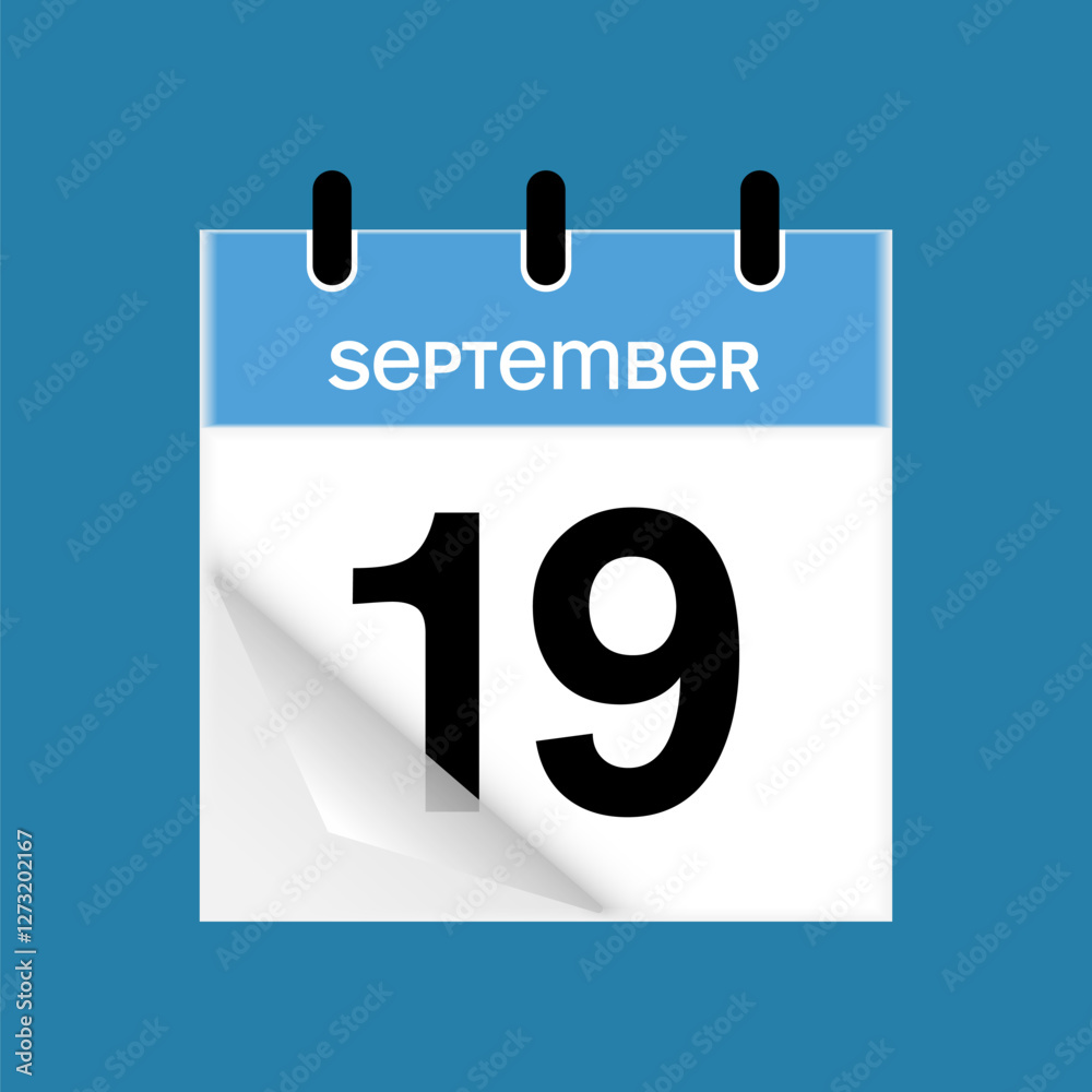 19th September daily calendar icon template. September 19 day calendar design. Single day calendar in vector illustration flat style. 19th September daily calendar icon template. September 19 day calendar design. Single day calendar in vector illustration flat style.