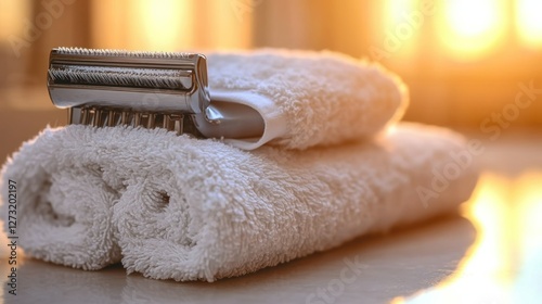Rolled towels, razor, spa, warm sunlight, bathroom