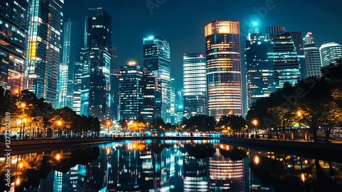 Wallpaper Mural Night cityscape reflected in calm water, skyscrapers illuminated. Torontodigital.ca