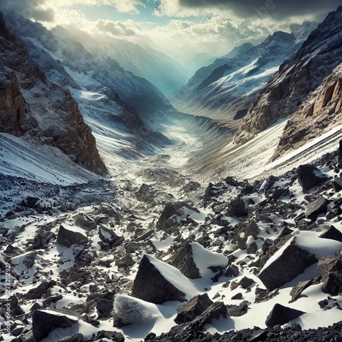 Avalanche Path A rugged chaotic area where snow and rocks have s photo