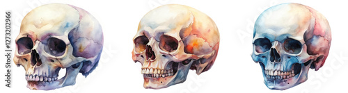Watercolor skull illustrations, colorful artistic style, anatomical study, educational purposes, detailed features, vibrant tones.