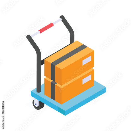 Warehouse hand truck carrying stacked packages for delivery and logistics.