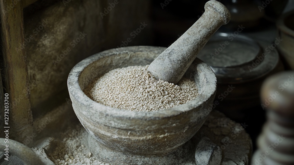 Stone mortar and pestle with grains. (1) Stone mortar and pestle with grains. (1)