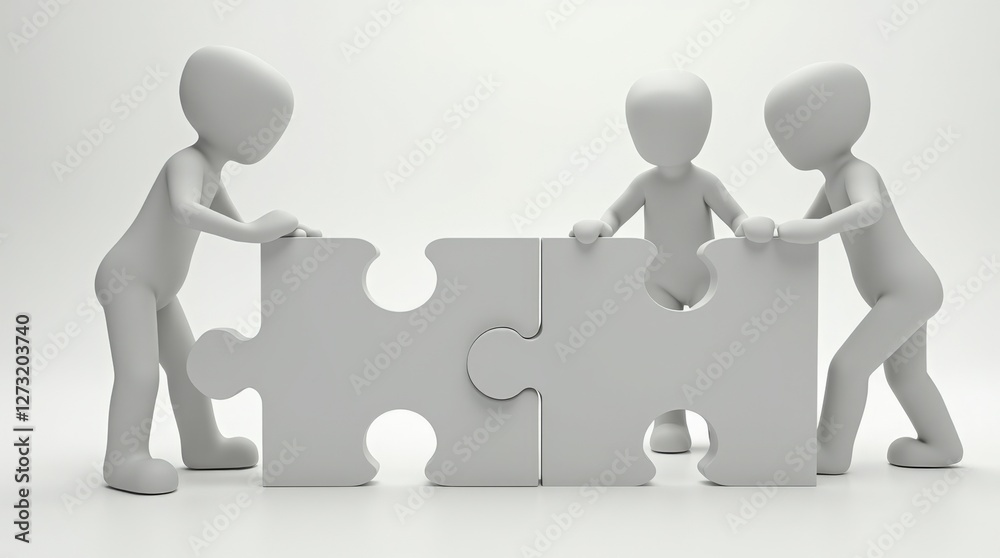 Teamwork and Collaboration in Puzzle Assembly by Three Figures in a Minimalist Setting