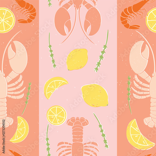 Vector Lobsters, Shrimps Lemons and Herbs linocut block print style seamless pattern