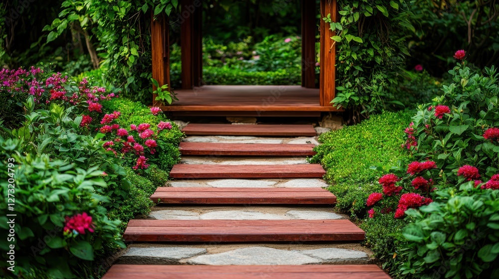 Obraz premium A serene garden pathway leads to a wooden structure, surrounded by vibrant flowers and lush greenery.