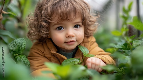 Wallpaper Mural Cute Child with Curly Hair in Greenery, Exploring Nature Playfully Torontodigital.ca