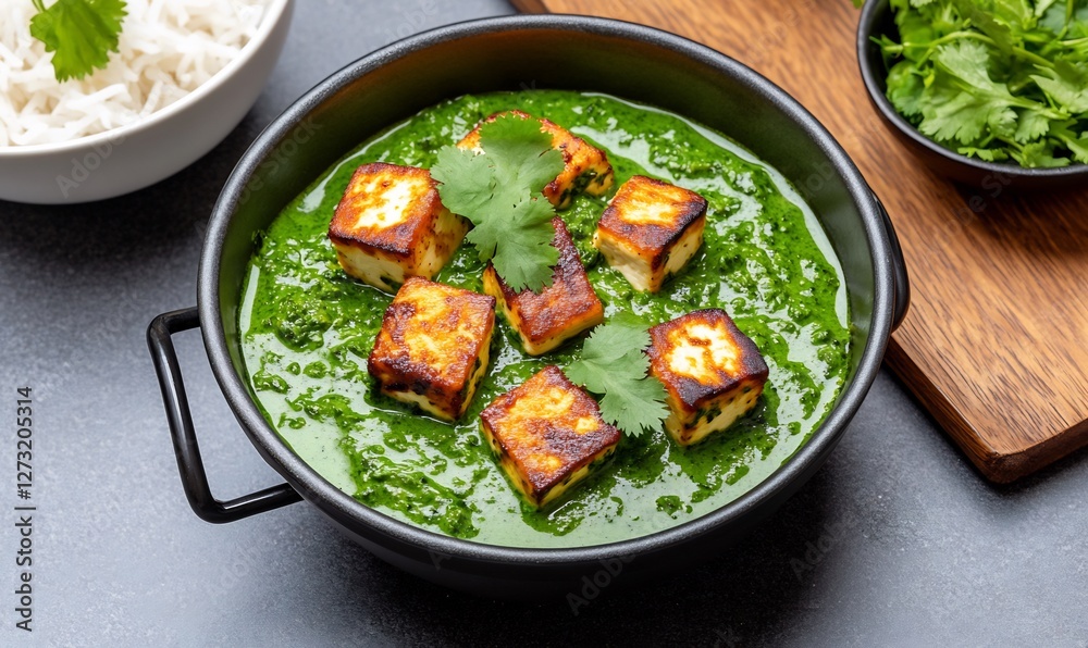 Palak Paneer, Indian spinach curry, served with rice Palak Paneer, Indian spinach curry, served with rice