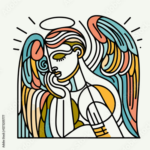 Contemplative Angel in Vector Art: A beautifully crafted vector illustration of an angel, showcasing elegant lines and soft pastel hues, evokes a sense of serenity and spiritual reflection.