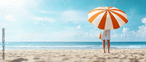 A person seeking shade and respite from the sun under the protective cover of a large umbrella, set against a tranquil outdoor landscape with the sea or ocean in the background.