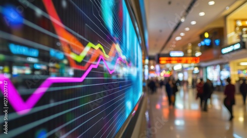 A single-line graph on a digital billboard, in a busy shopping mall, with vibrant colors and dynamic lighting.