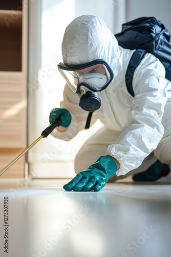 Pest control worker spraying insecticide on baseboard at home. Space for text