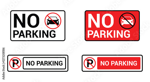 No parking sign set. Set of prohibition signs. Red and white warning symbols with a crossed. No Parking signs displayed in various layouts. Collection of no car parking area symbols.