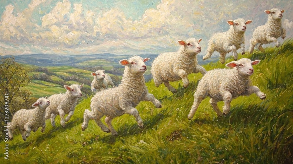Fototapeta premium Painting of three fluffy lambs joyfully jumping over green hillside under a bright sky. Pastoral landscape, innocence, countryside, farm animals, rural scene, playful movement, idyllic. Generative AI