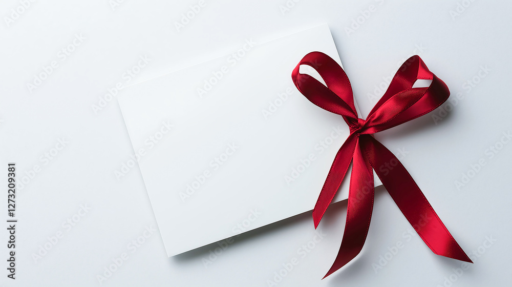 Elegant Blank Greeting Card with Red Ribbon Bow on White Background Elegant Blank Greeting Card with Red Ribbon Bow on White Background