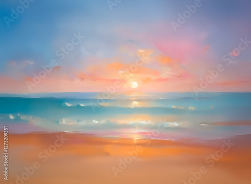 A serene ocean sunset painting with a blend of warm colors. The sky is awash in soft pinks and oranges, reflecting beautifully on the tranquil beach and sea.