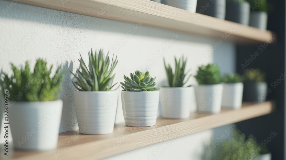 Fototapeta premium A minimalist bathroom with small potted plants on open shelves, adding a fresh and natural touch