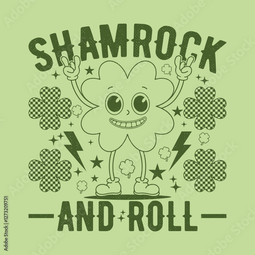 Funny St. Patrick's Day Clover Cartoon Character Shamrock And Roll T Shirt Design